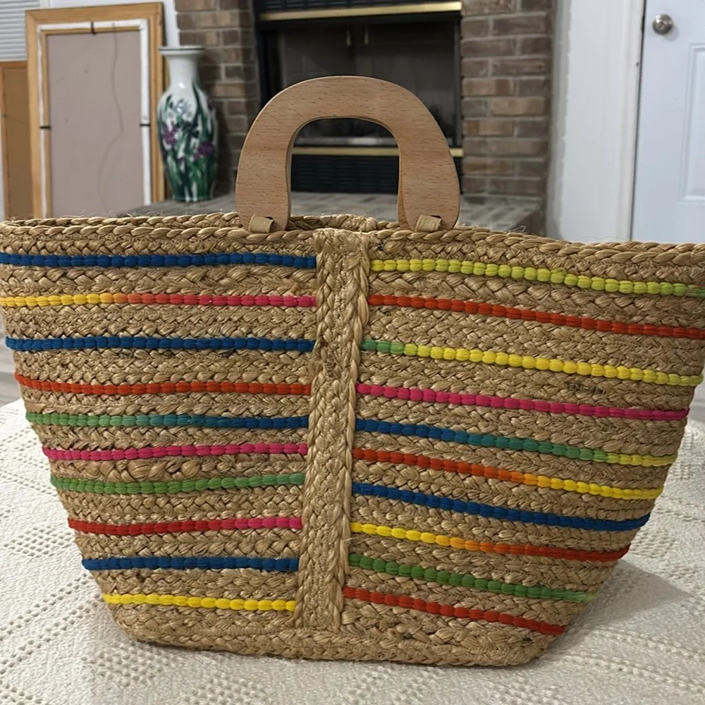 Antik Kraft Rainbow Boho Beach Hippie Woven Jute Basket Bag‎